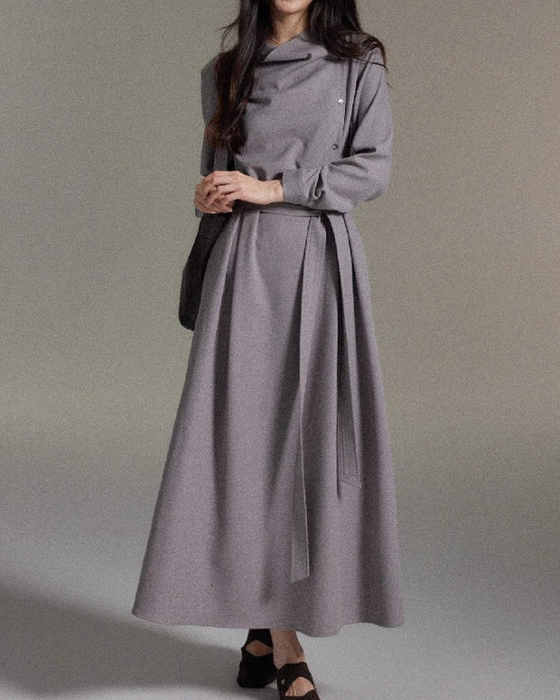 ウエストベルト付き アシンメトリー ワンピース レディース ロング丈 シンプル 上品 大人可愛い きれいめ 通勤 デート 秋冬 新作 ID2038