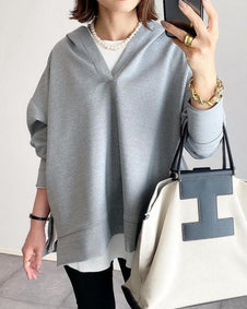 Vネック パーカー レディース サイドスリット フーディー 無地 シンプル ゆったり 長袖 スウェット トップス カジュアル おしゃれ 大人女子 通勤 通学 OL 体型カバー きれいめ 上品 ベーシック 秋冬 ナチュラル ファッション 着回し 楽ちん 大人可愛い デイリーコーデ ID1616