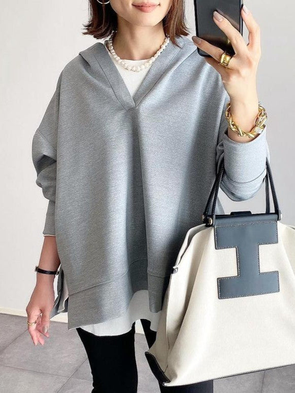 Vネック パーカー レディース サイドスリット フーディー 無地 シンプル ゆったり 長袖 スウェット トップス カジュアル おしゃれ 大人女子 通勤 通学 OL 体型カバー きれいめ 上品 ベーシック 秋冬 ナチュラル ファッション 着回し 楽ちん 大人可愛い デイリーコーデ ID1616