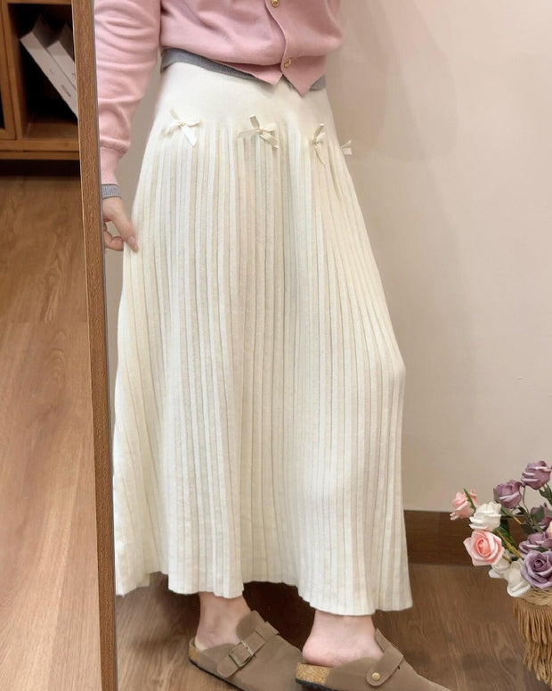 ロングスカート レディース フレア プリーツ ウール調 リボン付き ハイウエスト 体型カバー 上品 かわいい 秋冬 新作 ID2107