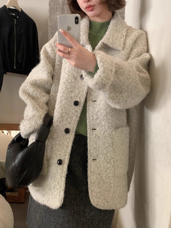 ゆったり ショートコート レディース アウター 秋冬 フェミニン 暖かい 体型カバー 大人カジュアル シンプル ID2276