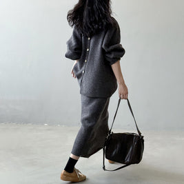 「限定価格は今だけ！」2点セット クルーネック ニット + ミモレ丈 スカート レディース セットアップ シンプル 上品 通勤 体型カバー 秋冬 新作 ID2088