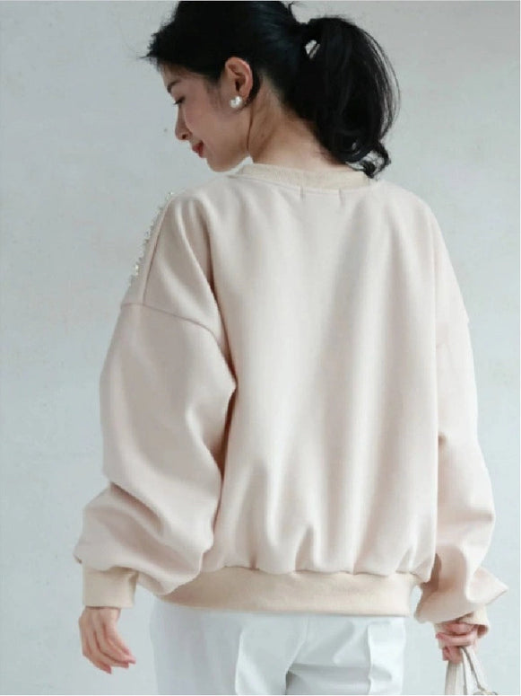 パール付き スウェット レディース クルーネック トレーナー 長袖 ゆったり シンプル 上品 きれいめ 大人可愛い 通勤 デイリー カジュアル 秋冬 新作 人気 ID1874