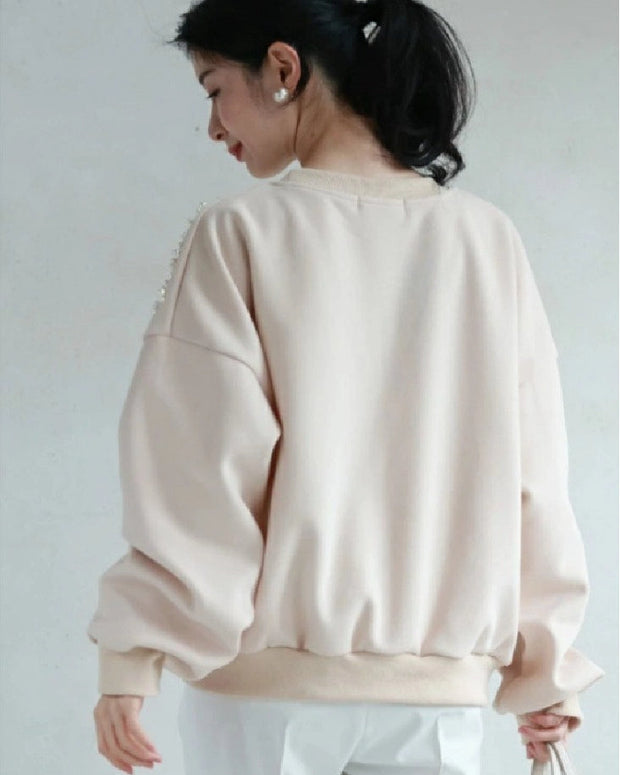 パール付き スウェット レディース クルーネック トレーナー 長袖 ゆったり シンプル 上品 きれいめ 大人可愛い 通勤 デイリー カジュアル 秋冬 新作 人気 ID1874