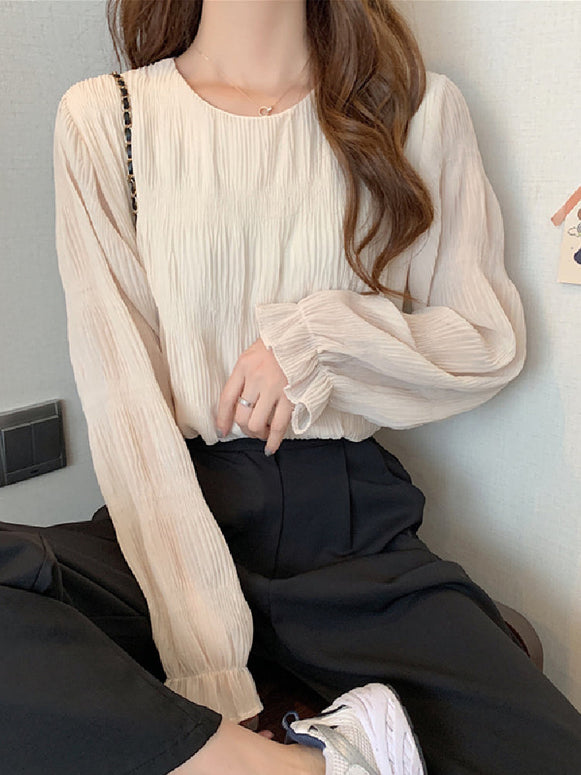 シフォン ブラウス レディース 長袖 ラウンドネック 無地 シンプル インナー トップス 春秋冬 きれいめ 通勤 オフィス カジュアル おしゃれ 大人女子 上品 フェミニン 修身 体型カバー 着回し ベーシック OL ナチュラル カットソー シャツブラウス ID1606