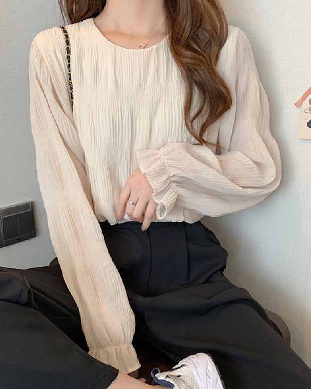 シフォン ブラウス レディース 長袖 ラウンドネック 無地 シンプル インナー トップス 春秋冬 きれいめ 通勤 オフィス カジュアル おしゃれ 大人女子 上品 フェミニン 修身 体型カバー 着回し ベーシック OL ナチュラル カットソー シャツブラウス ID1606