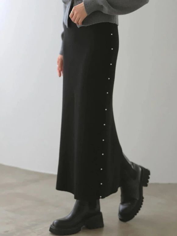 ロングスカート レディース サイドボタン 下スリット ニットスカート 体型カバー シンプル 上品 通勤 カジュアル 秋冬 新作 ID2114