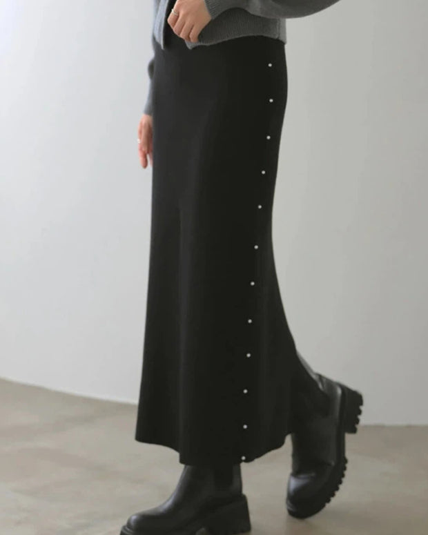 ロングスカート レディース サイドボタン 下スリット ニットスカート 体型カバー シンプル 上品 通勤 カジュアル 秋冬 新作 ID2114