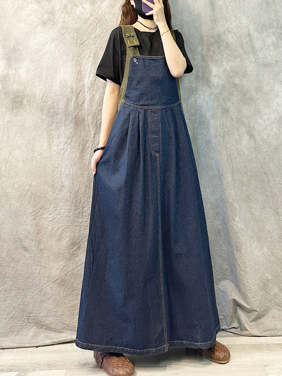 【172】ゆったり デニムサロペットスカート 韓国風 ヴィンテージ ロングワンピース 体型カバー 春夏 大きめのサイズ感 上品見え