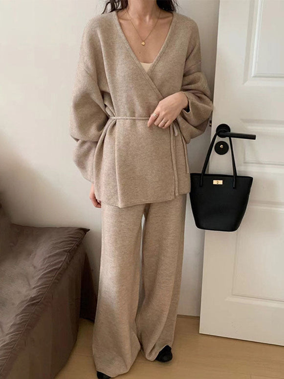 3色展開 2点セット Vネック ニットカーディガン+ワイドパンツ レディース セットアップ 体型カバー ゆったり リラックス カジュアル 大人女子 秋冬 ID1523