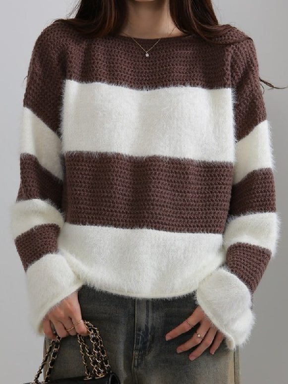 「今年最後の大チャンス」ゆったり ボーダー ニット レディース 秋冬 着回し 体型カバー ふわふわ 長袖 セーター カジュアル 可愛い デイリーコーデ ID2242