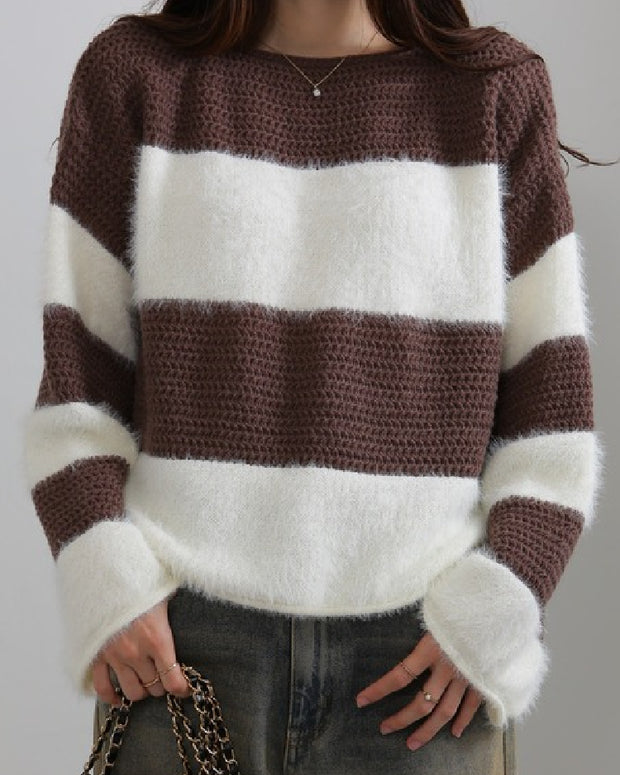 「今年最後の大チャンス」ゆったり ボーダー ニット レディース 秋冬 着回し 体型カバー ふわふわ 長袖 セーター カジュアル 可愛い デイリーコーデ ID2242