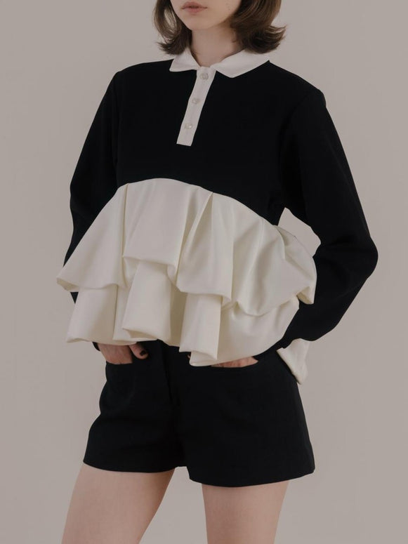 異素材切替 フリル スウェット レディース 長袖 プルオーバー カジュアル シンプル きれいめ 体型カバー 春秋 新作 ID2082