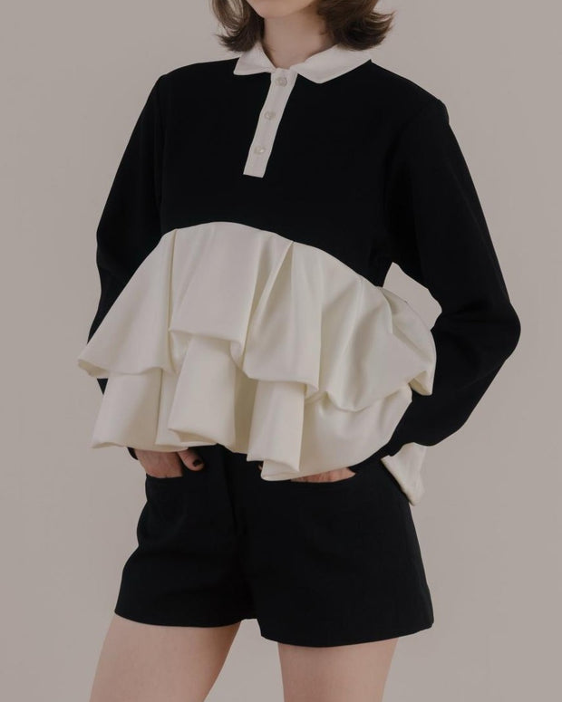 異素材切替 フリル スウェット レディース 長袖 プルオーバー カジュアル シンプル きれいめ 体型カバー 春秋 新作 ID2082