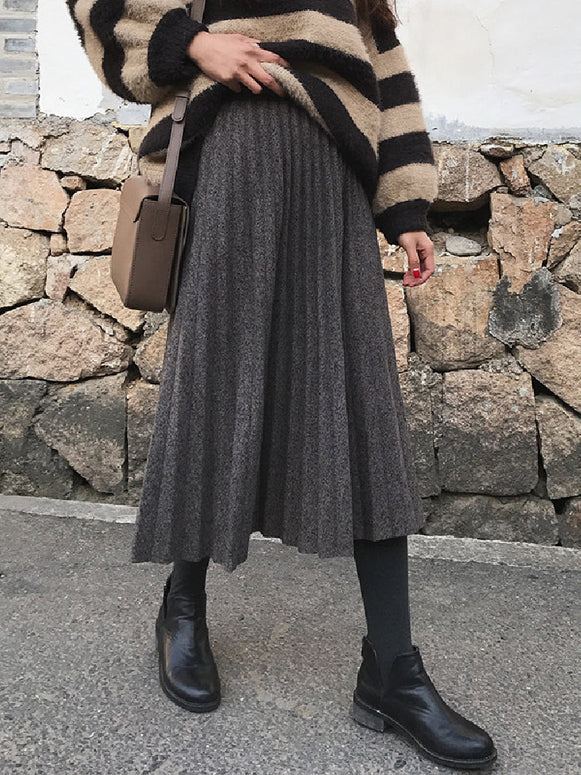 ロングスカート レディース プリーツスカート 無地 ウール調 Aライン ハイウエスト 体型カバー エレガント カジュアル 通勤 お出かけ 着回し フェミニン マキシ丈 スカート 秋冬 ID1535