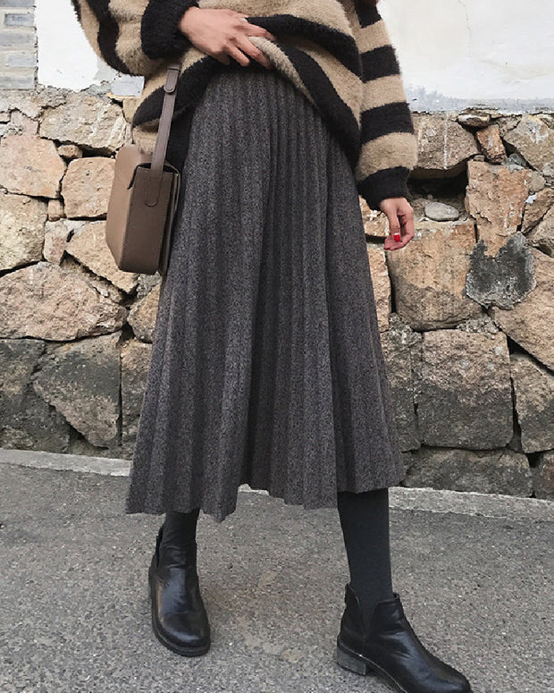 ロングスカート レディース プリーツスカート 無地 ウール調 Aライン ハイウエスト 体型カバー エレガント カジュアル 通勤 お出かけ 着回し フェミニン マキシ丈 スカート 秋冬 ID1535