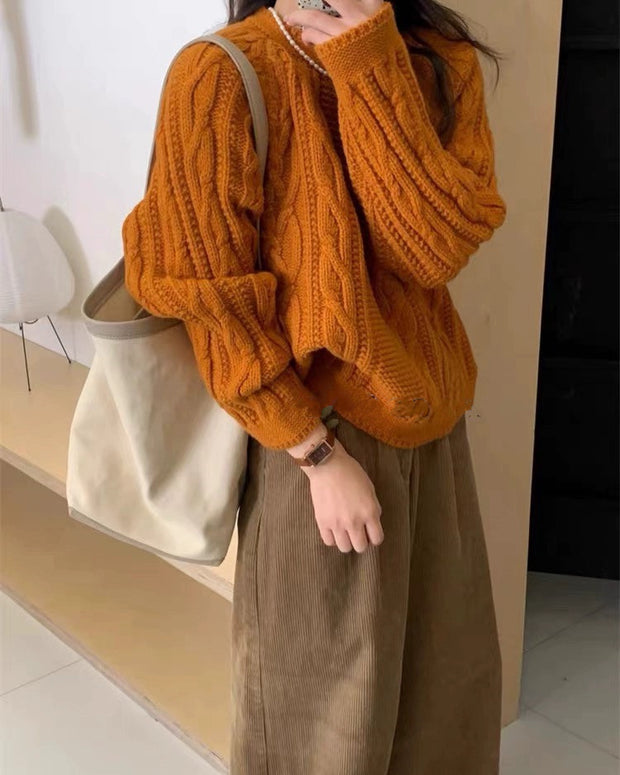 ケーブル編み ニットセーター レディース ゆったり 無地 クルーネック 長袖 暖かい トレンド カジュアル 体型カバー 秋冬 新作 ID2163