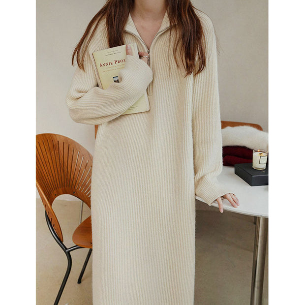 ハイネック ジップアップ ニット ワンピース レディース 長袖 ロング丈 ゆったり シンプル 韓国風 秋冬 コーデ ID1783