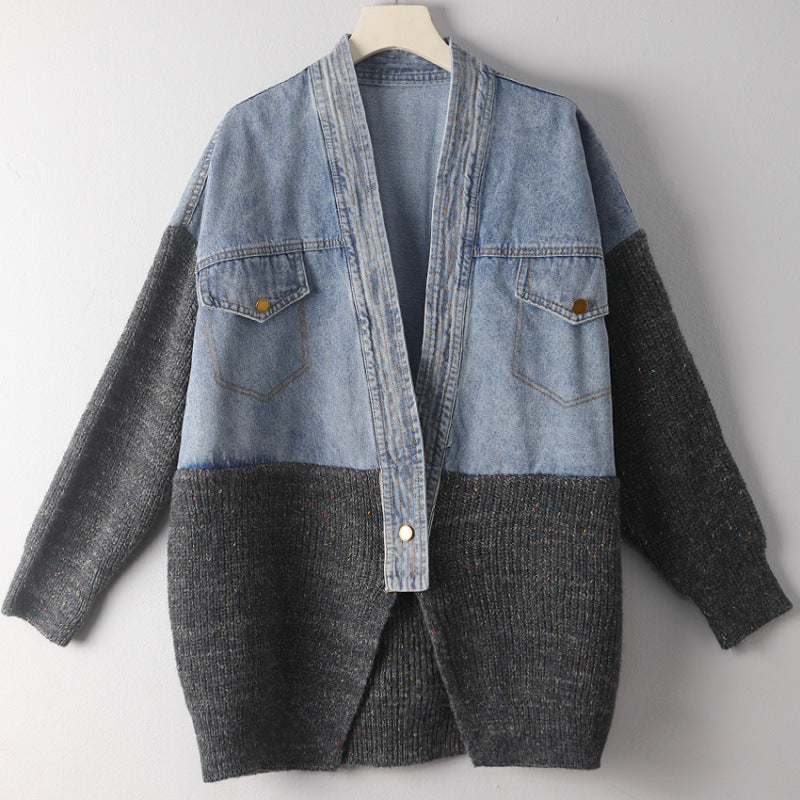 異素材切り替え デニム × ニット カーディガン レディース Vネック ゆったり おしゃれ 大人カジュアル 秋冬 新作 ID2037