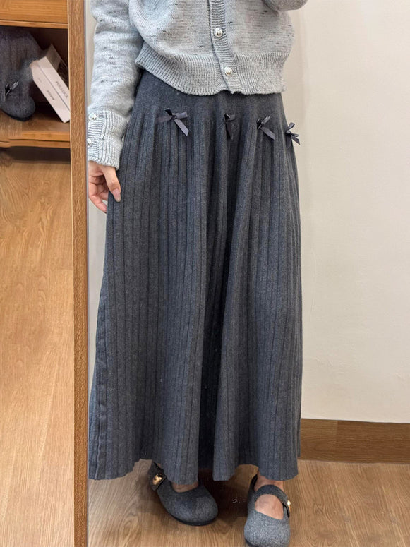 ロングスカート レディース フレア プリーツ ウール調 リボン付き ハイウエスト 体型カバー 上品 かわいい 秋冬 新作 ID2107
