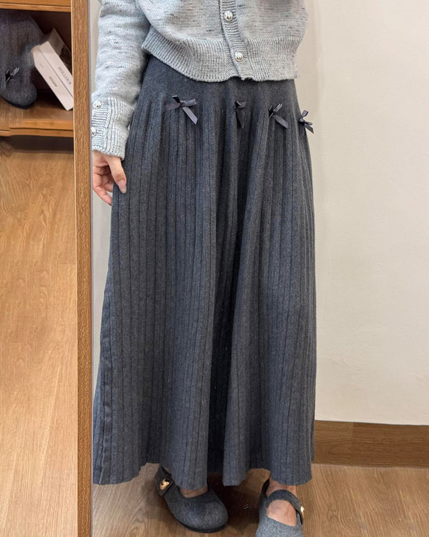 ロングスカート レディース フレア プリーツ ウール調 リボン付き ハイウエスト 体型カバー 上品 かわいい 秋冬 新作 ID2107
