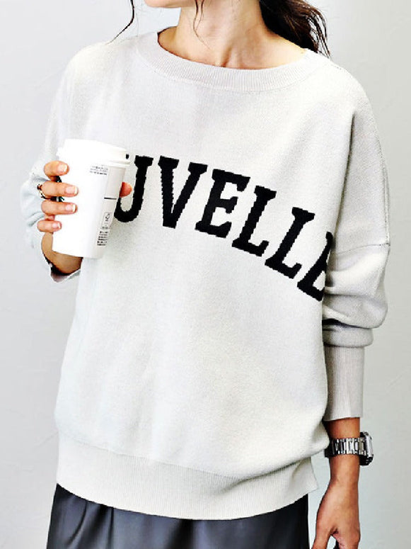 ロゴニット レディース クルーネック 長袖 プルオーバー カジュアル 大人可愛い シンプル おしゃれ ニットトップス 秋 ID1123