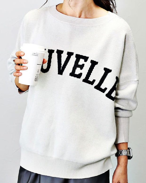 ロゴニット レディース クルーネック 長袖 プルオーバー カジュアル 大人可愛い シンプル おしゃれ ニットトップス 秋 ID1123