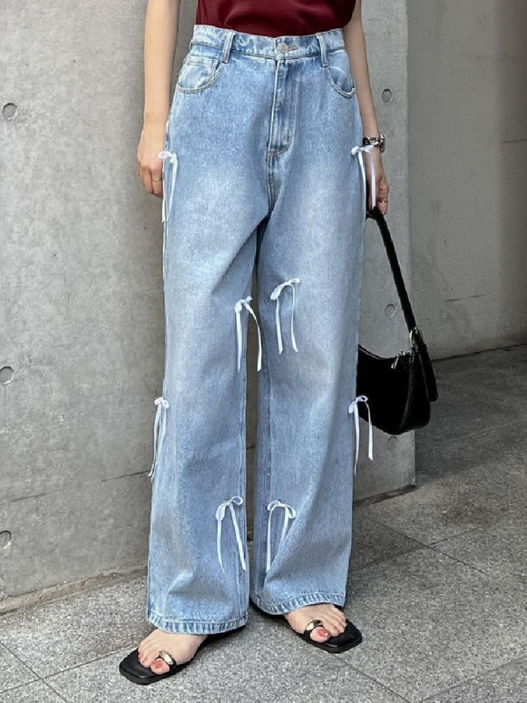 「 新 感 覚 」リボン ウエスト ボタン デニムパンツ レディース ゆったり ハイウエスト ボトムス デニム ワイドパンツ レディース 春 夏 秋 ストレッチ パンツ ID1142