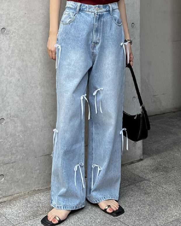 「 新 感 覚 」リボン ウエスト ボタン デニムパンツ レディース ゆったり ハイウエスト ボトムス デニム ワイドパンツ レディース 春 夏 秋 ストレッチ パンツ ID1142