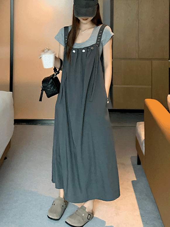 【624】「タイムセール中！」2点セット サロペットスカート＋半袖Tシャツ レディース サイドポケット付き ゆったり ロング丈 ランダムボタン 調節可能ストラップ カジュアル 夏