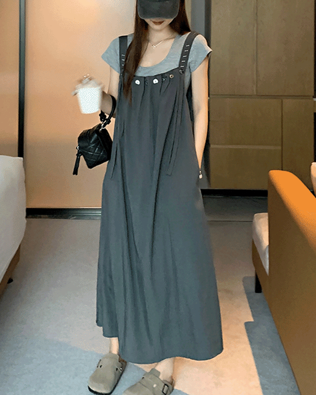 【624】「タイムセール中！」2点セット サロペットスカート＋半袖Tシャツ レディース サイドポケット付き ゆったり ロング丈 ランダムボタン 調節可能ストラップ カジュアル 夏