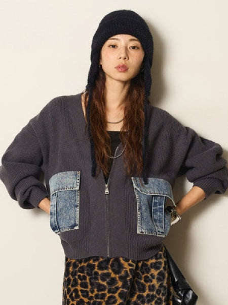 新作 Vネック ニット 拼接 デニム ゆったり アウター カーディガン トップス おしゃれ トレンド カジュアル デイリー 着心地 快適 素材 シルエット 大人 女性 ID2009
