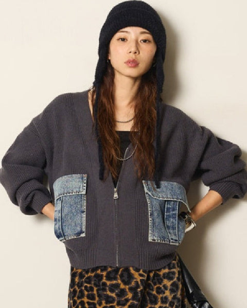 新作 Vネック ニット 拼接 デニム ゆったり アウター カーディガン トップス おしゃれ トレンド カジュアル デイリー 着心地 快適 素材 シルエット 大人 女性 ID2009