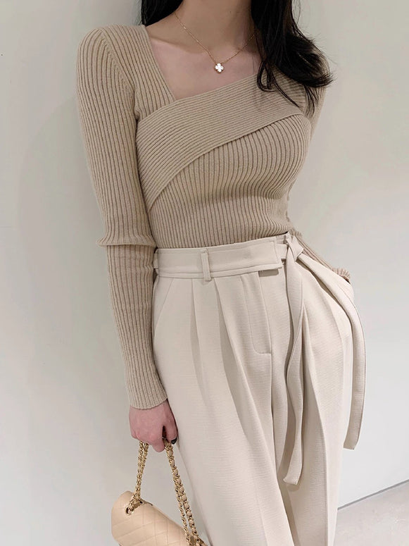 アシンメトリー ニット トップス レディース リブ編み 長袖 スクエアネック 体型フィット エレガント シンプル 通勤 デート 春秋 冬 新作 ID2179