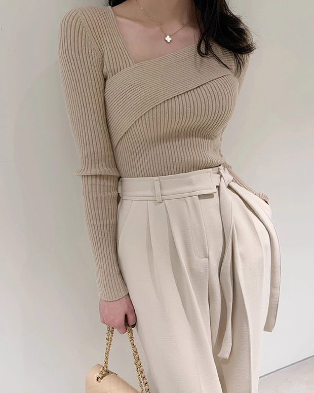 アシンメトリー ニット トップス レディース リブ編み 長袖 スクエアネック 体型フィット エレガント シンプル 通勤 デート 春秋 冬 新作 ID2179