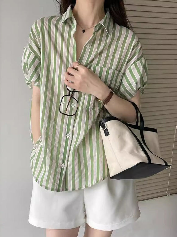ID788 2色展開 ストライプ柄 シャツ レディース 五分袖 バルーンスリーブ ゆったり ショート丈 高見え トップス 夏 カジュアル