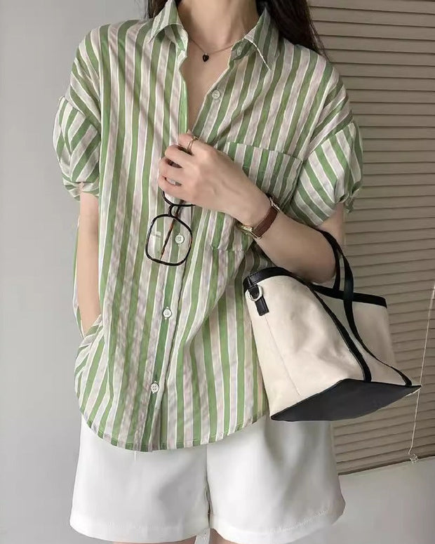 ID788 2色展開 ストライプ柄 シャツ レディース 五分袖 バルーンスリーブ ゆったり ショート丈 高見え トップス 夏 カジュアル