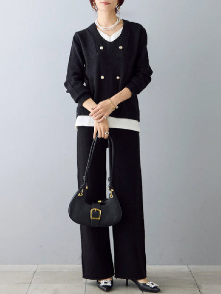2点セット ニット セットアップ レディース Vネック トップス + ワイドパンツ パールボタン おしゃれ きれいめ 上下セット ゆったり 体型カバー 大人可愛い 通勤 オフィスカジュアル 秋冬 新作 ID1999