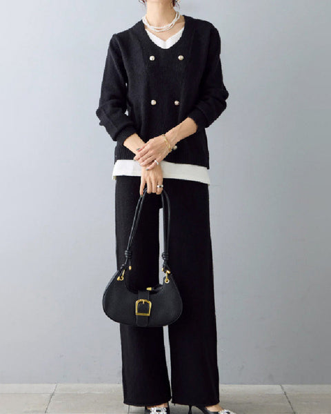 2点セット ニット セットアップ レディース Vネック トップス + ワイドパンツ パールボタン おしゃれ きれいめ 上下セット ゆったり 体型カバー 大人可愛い 通勤 オフィスカジュアル 秋冬 新作 ID1999