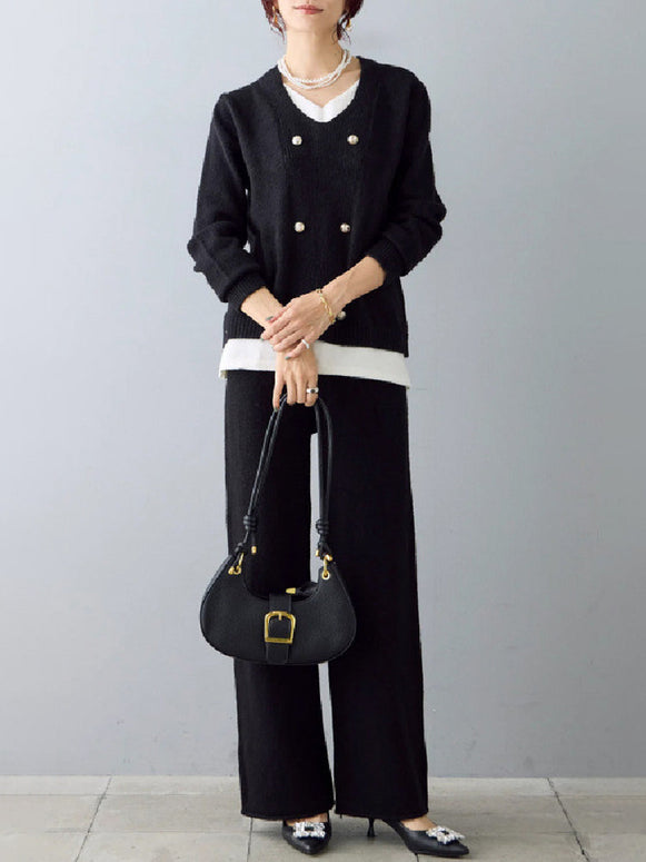 2点セット ニット セットアップ レディース Vネック トップス + ワイドパンツ パールボタン おしゃれ きれいめ 上下セット ゆったり 体型カバー 大人可愛い 通勤 オフィスカジュアル 秋冬 新作 ID1999