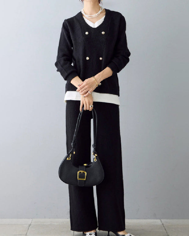 2点セット ニット セットアップ レディース Vネック トップス + ワイドパンツ パールボタン おしゃれ きれいめ 上下セット ゆったり 体型カバー 大人可愛い 通勤 オフィスカジュアル 秋冬 新作 ID1999