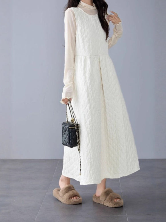 ノースリーブ ワンピース レディース キルティング Aライン ロング丈 体型カバー シンプル 無地 ジャンパースカート レイヤードコーデ 秋冬 新作 人気 ID1855