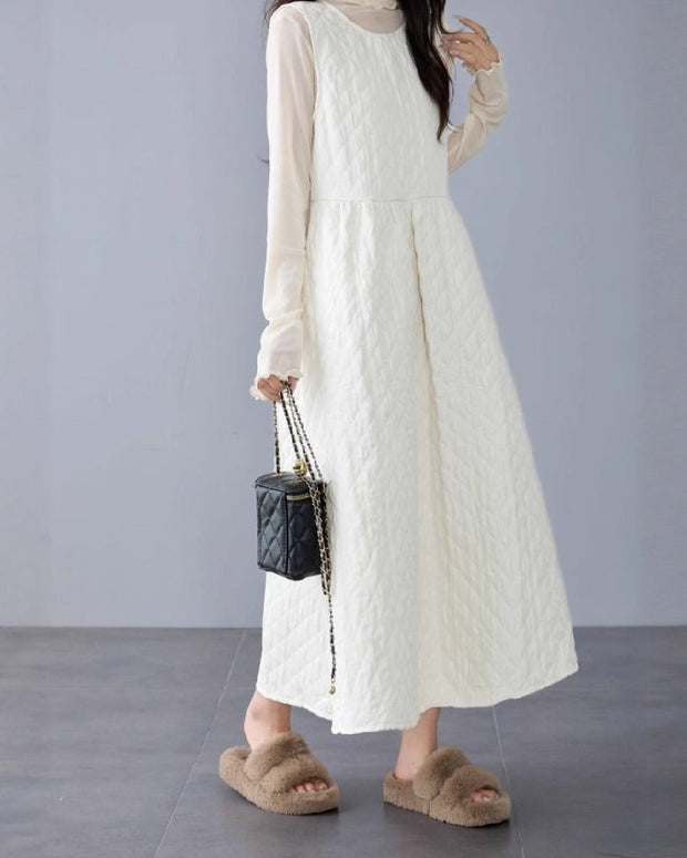 ノースリーブ ワンピース レディース キルティング Aライン ロング丈 体型カバー シンプル 無地 ジャンパースカート レイヤードコーデ 秋冬 新作 人気 ID1855