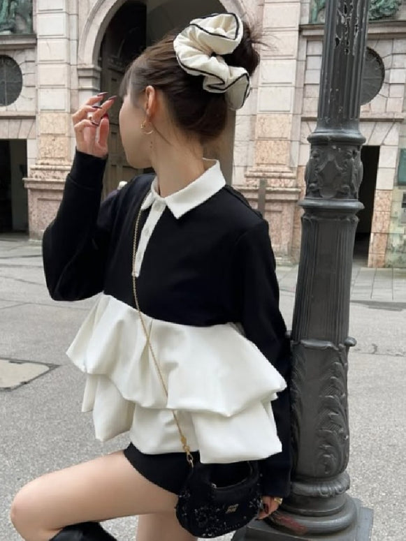 異素材切替 フリル スウェット レディース 長袖 プルオーバー カジュアル シンプル きれいめ 体型カバー 春秋 新作 ID2082