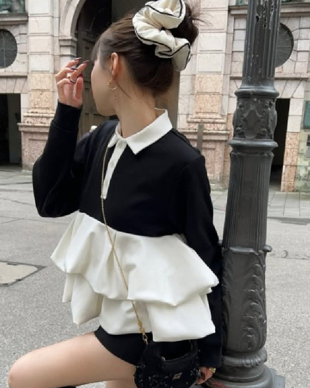 異素材切替 フリル スウェット レディース 長袖 プルオーバー カジュアル シンプル きれいめ 体型カバー 春秋 新作 ID2082