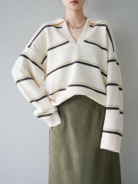 Vネック ストライプ ゆったり ニット セーター 和風 キャリア レディース トップス 上品 オフィス おしゃれ 快適 着心地 素材 シルエット 秋冬 通勤 大人 女性 エレガント 洗練 トレンド デイリー ID2036