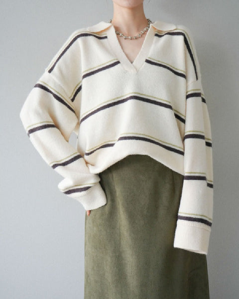 Vネック ストライプ ゆったり ニット セーター 和風 キャリア レディース トップス 上品 オフィス おしゃれ 快適 着心地 素材 シルエット 秋冬 通勤 大人 女性 エレガント 洗練 トレンド デイリー ID2036