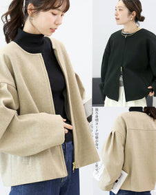 2色展開 ノーカラー ジャケット レディース ショート丈 コート ゆったり 長袖 体型カバー アウター おしゃれ シンプル 通勤 通学 秋冬 新作 人気 ID1870