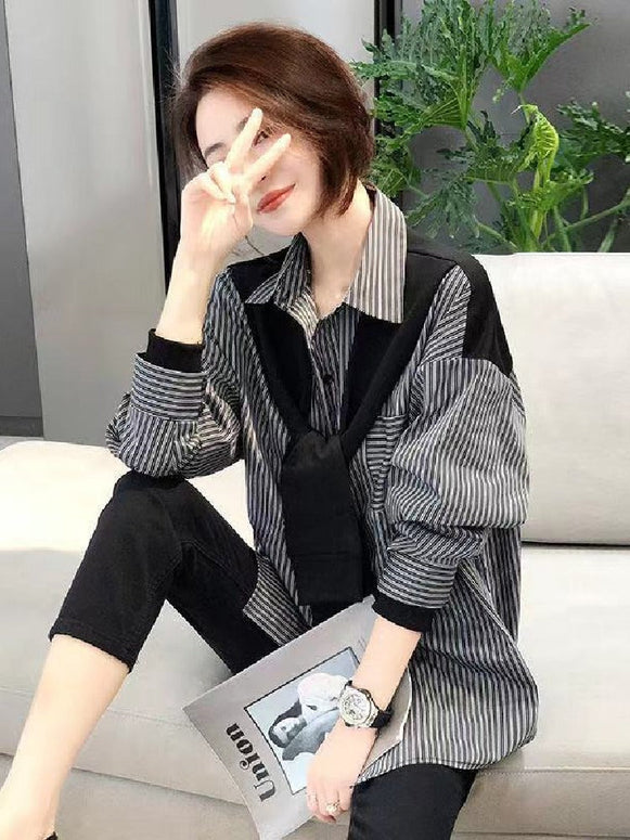 切り替え デザイン感 レディース ブラウス 春コーデ 長袖 新作 ゆったり オフィス きれいめ 春 トップス ストライプ カジュアル 大人 可愛い おしゃれ 50代 40代 30代 ID1480