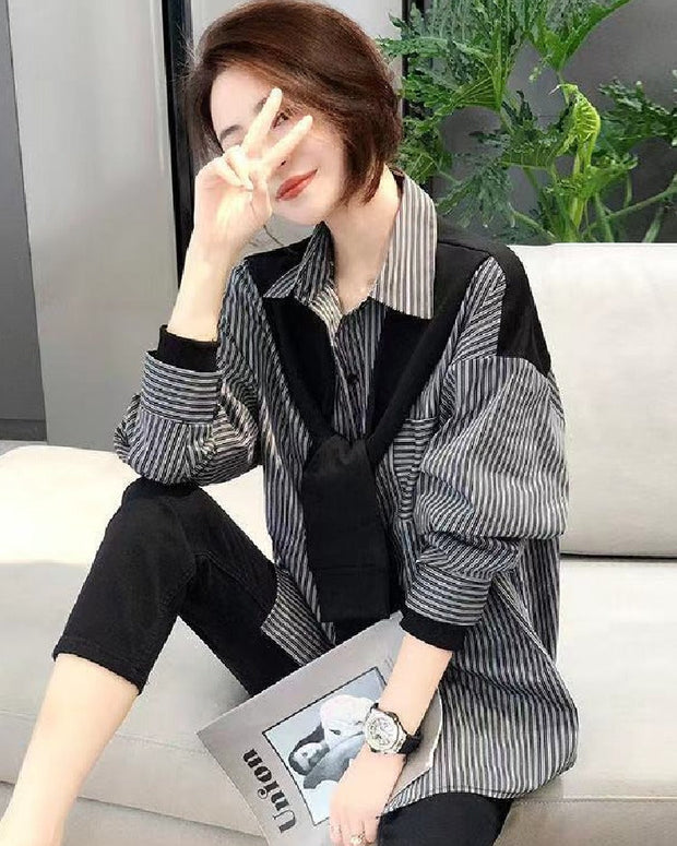 切り替え デザイン感 レディース ブラウス 春コーデ 長袖 新作 ゆったり オフィス きれいめ 春 トップス ストライプ カジュアル 大人 可愛い おしゃれ 50代 40代 30代 ID1480